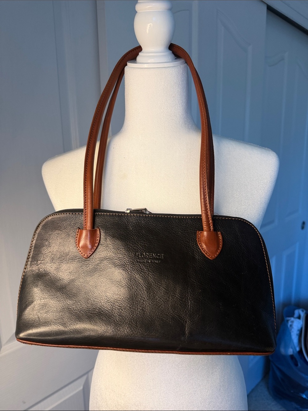 Florence Made in Italy Genuine Leather Black & Brown Satchel Purse Handbag